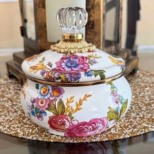 Mackenzie Childs White Flower Market Ceramic Squash pot with Gold Accents